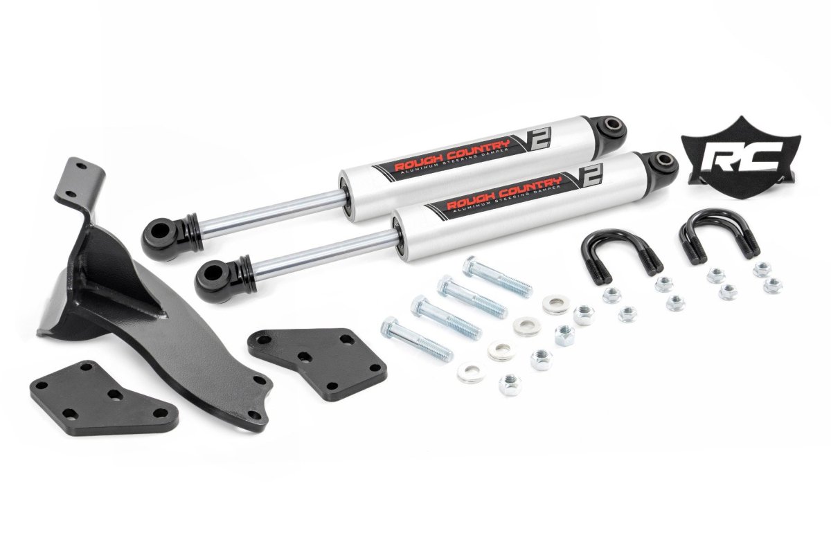 Ram 3500 Steering Stabilizer - Front - Rough Country - V2 Steering Stabilizer | Dual | 2.5-8 Inch Lift - '13-'23